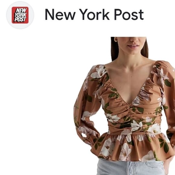 Express Tan and Green Smocked Peplum Top - Picture 5 of 12